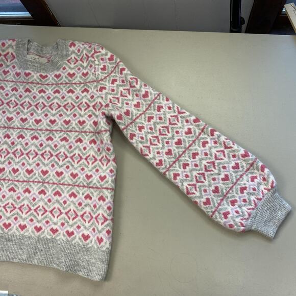 LOFT Sweater Womens Large Gray Pink Heart Fair Isle Balloon Sleeve Cozy Chunky - Picture 6 of 11